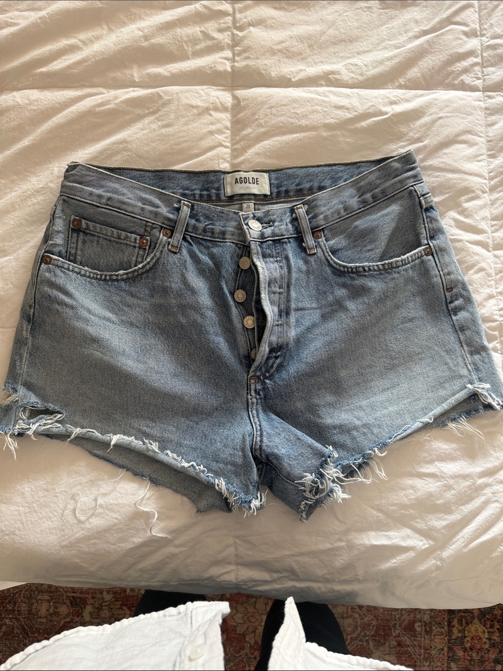 Agolde Parker Light Blue High-Rise Button-Fly Frayed Denim Shorts